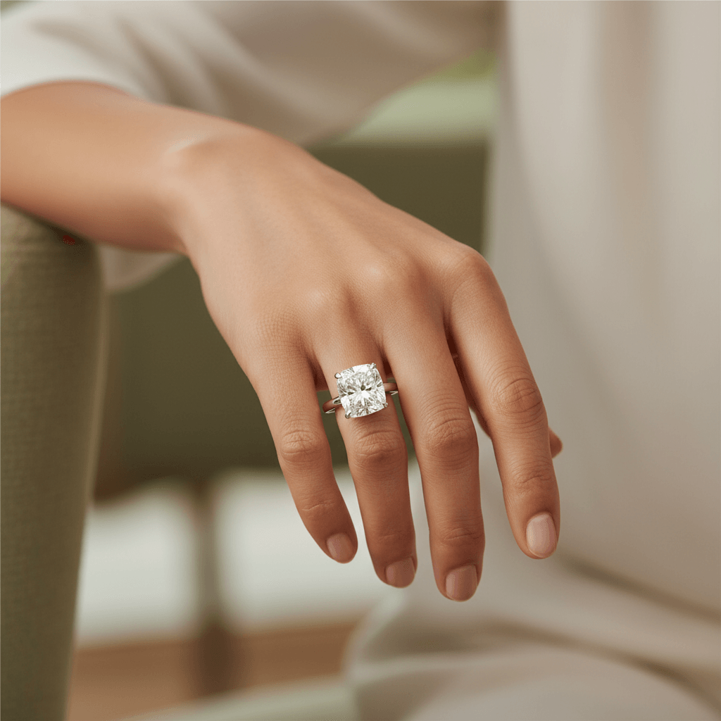 Elongated_Large_Cushion_Solitaire_Diamond_Engagement_Ring_On_Hand