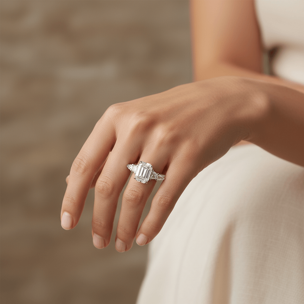 EmeraldShape_Trapezoid_and_Bullets_Side_Diamond_Engagement_Ring_On_Hand