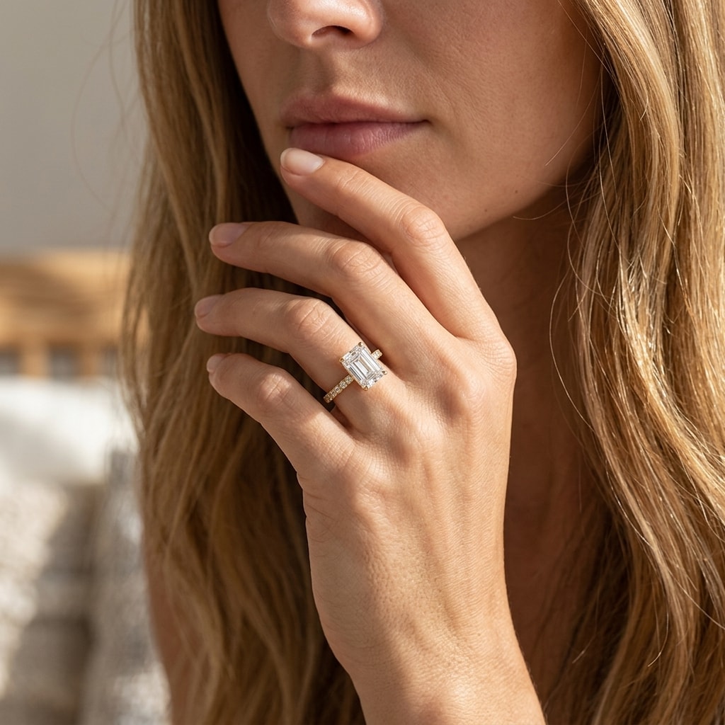 Emerald Cut Micro Set Under Halo Diamond Engagement Ring - alternate view