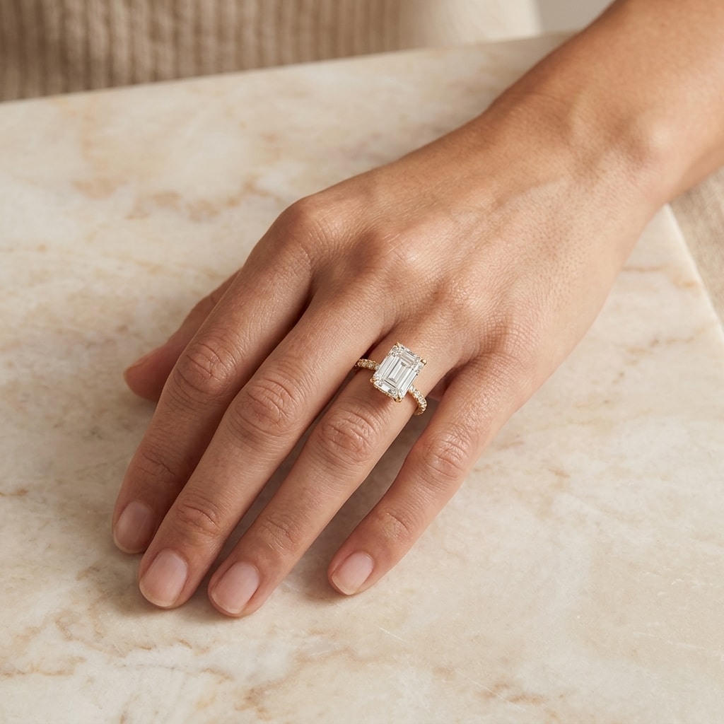 Emerald_Cut_Micro_Set_Under_Halo_Diamond_Engagement_Ring_On_Hand