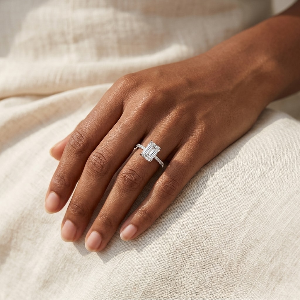 Emerald_Cut_Shoulder_Set_Diamond_Engagement_Ring_On_Hand