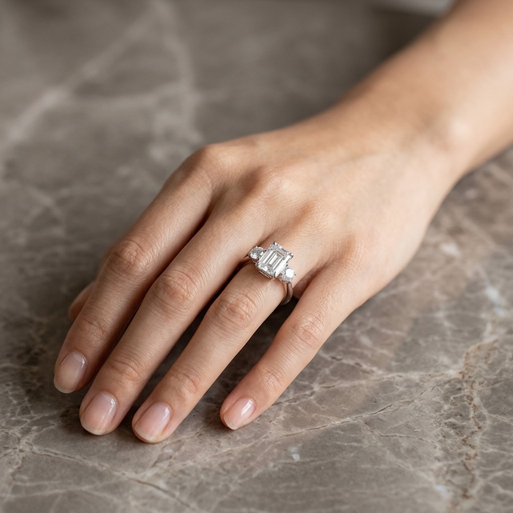 Emerald_Cut_and_Round_Trilogy_Diamond_Engagement_Ring_On_Hand