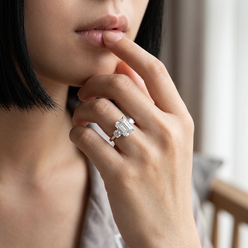 Emerald Cut and Round Trilogy Diamond Engagement Ring - alternate view