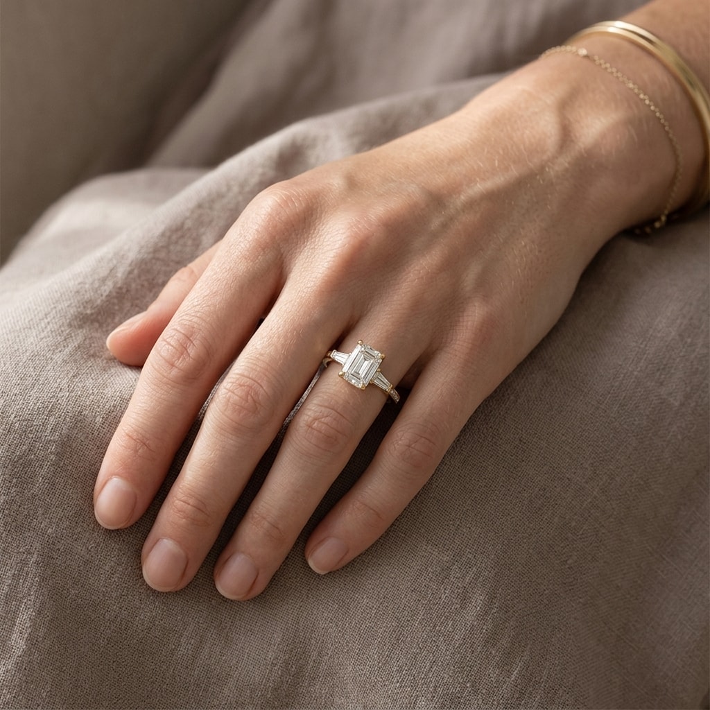 Emerald_Cut_and_Tapered_Baguettes_Channel_Setting_Diamond_Engagement_Ring_On_Hand
