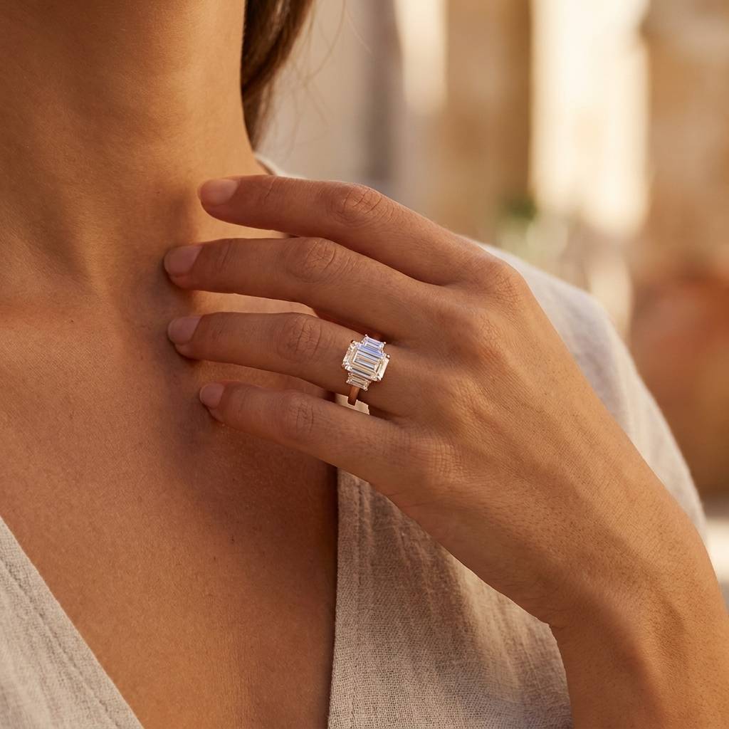 Emerald_Shape_Baguette_Side_Trilogy_Lab_Grown_Diamond_Engagement_Ring_On_Hand