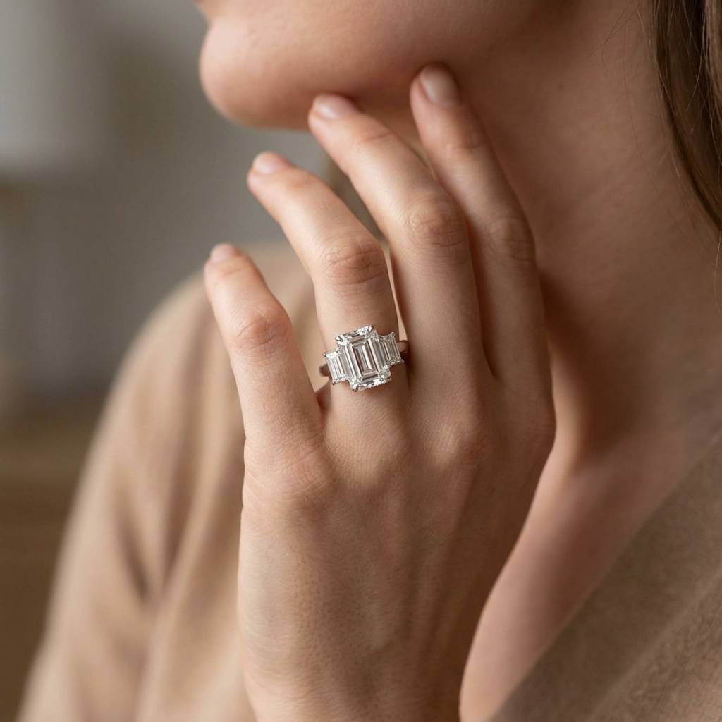 Emerald_Shape_Baguette_Side_Trilogy_Lab_Grown_Platinum_Diamond_Engagement_Ring_On_Hand