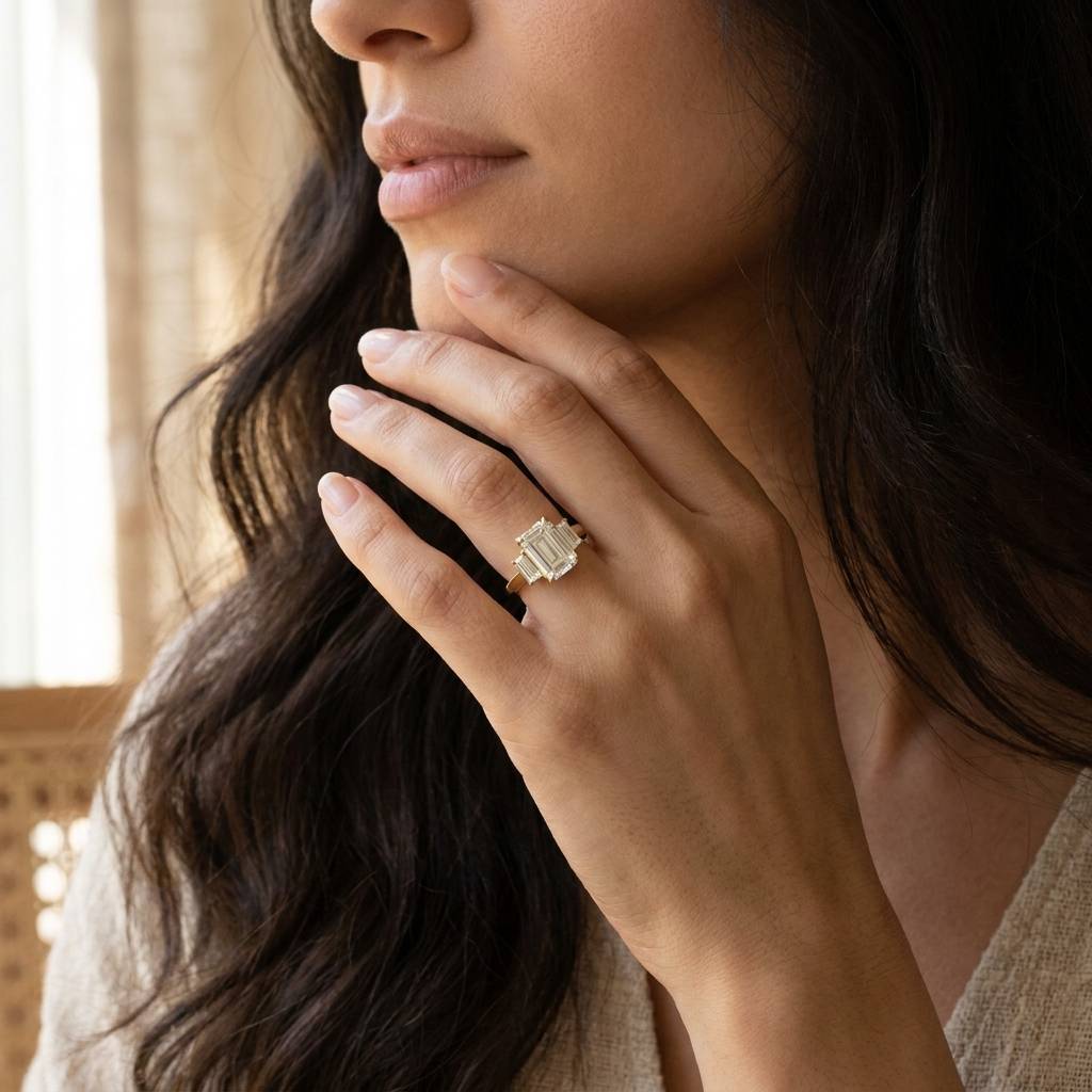 Emerald_Shape_Baguette_Side_Trilogy_Lab_Grown_Yellow_Gold_Diamond_Engagement_Ring_On_Model