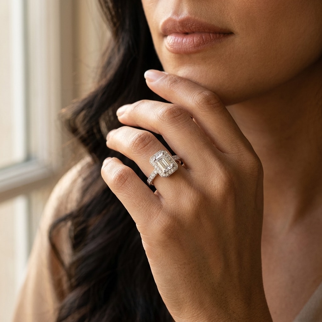 Emerald_Shape_Pave_Set_Halo_Diamond_Engagement_Ring_On_Model