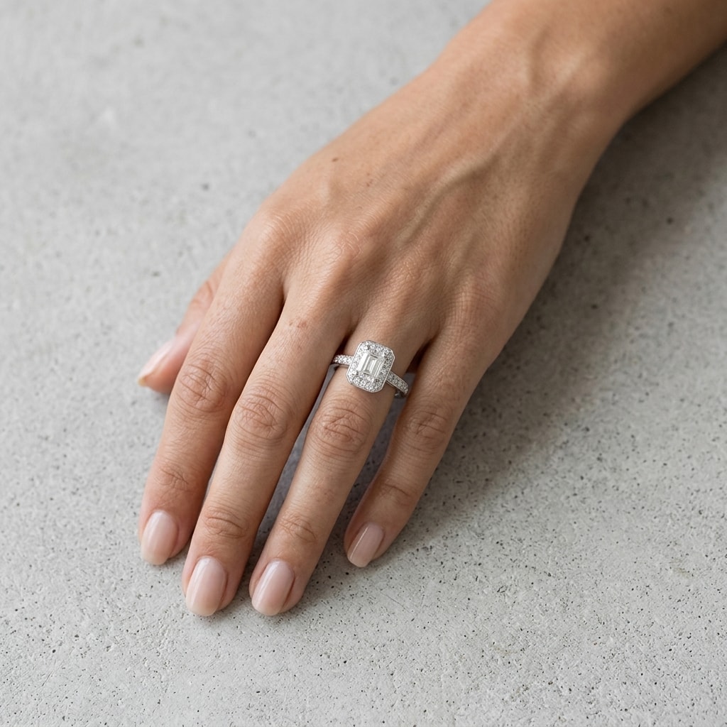 Emerald_Shape_Pave_Set_Halo_Diamond_Engagement_Ring_On_Hand