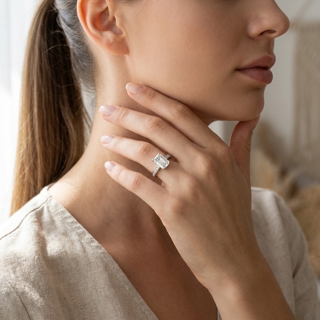 Emerald_Shape_Princess_Channel_Setting_Diamond_Engagement_Ring_On_Model
