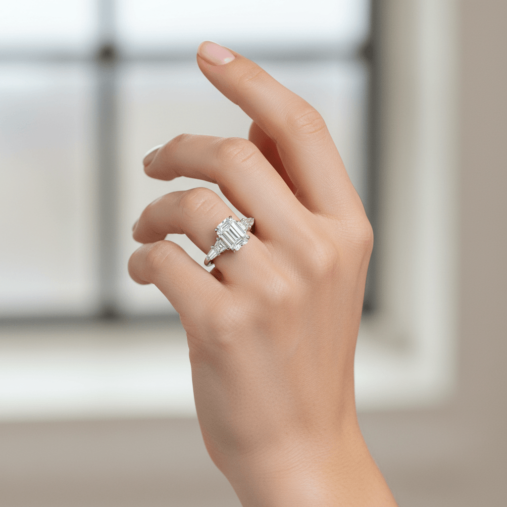 Emerald Shape Trapezoid and Bullets Side Diamond Engagement Ring On Hand