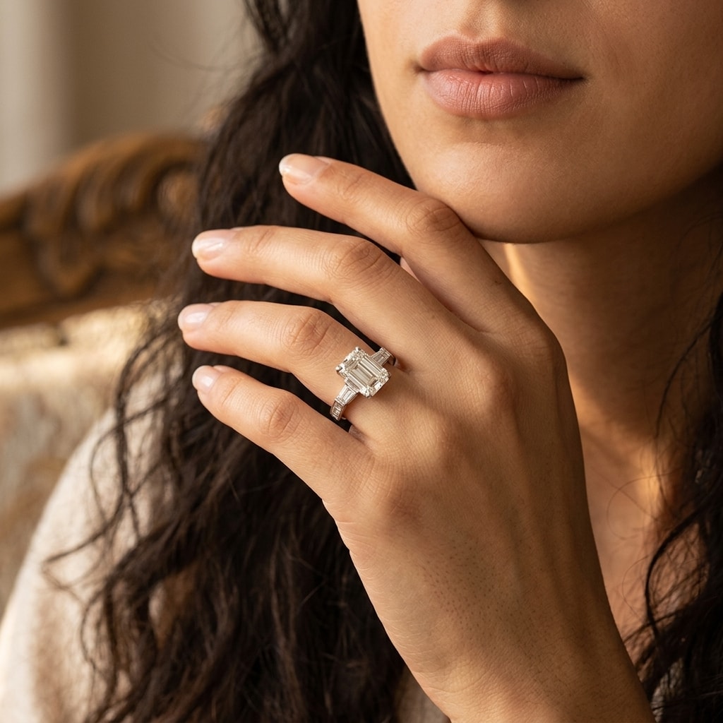 Emerald_Shape_and_Tapered_Baguettes_Lab_Grown_Diamond_Engagement_Ring_On_Model