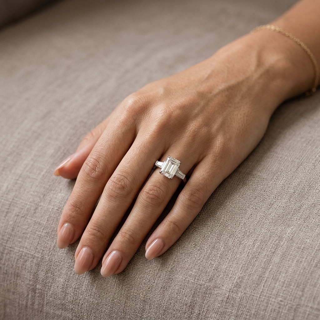 Emerald_Shape_and_Tapered_Baguettes_Lab_Grown_Diamond_Engagement_Ring_On_Hand