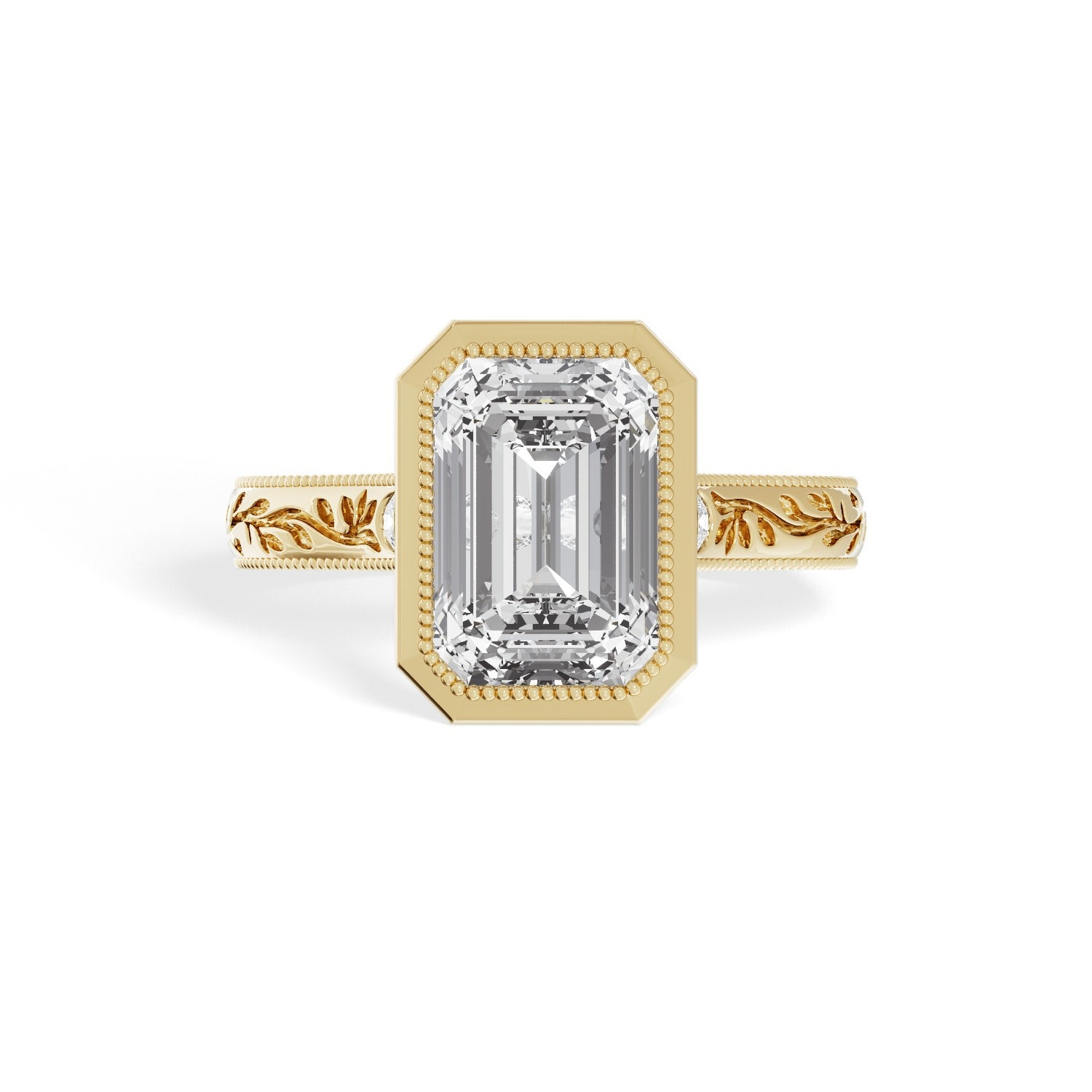 Engraved_Band_Emerald_Cut_Bazel_Setting_Diamond_Engagement_Ring_front_view_yellow_gold.jpg