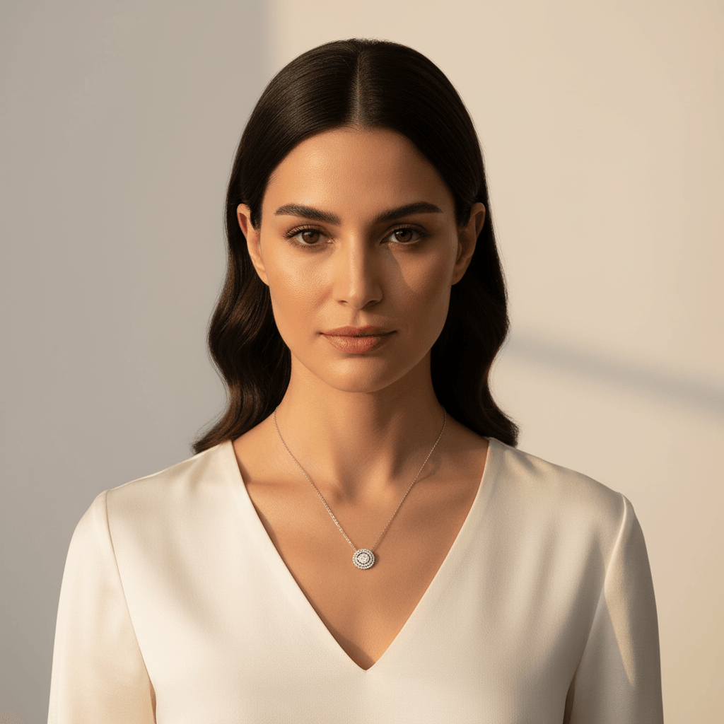 Fixed Diamond Set Chain Double Halo Diamond Pendant - alternate view
