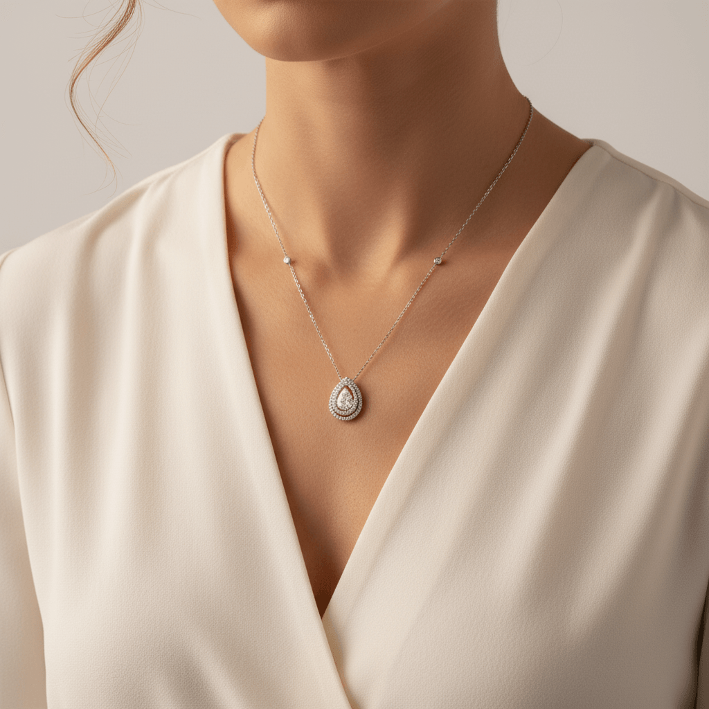 Fixed_Diamond_Set_Chain_Pear_Halo_Diamond_Pendant_On_Model_2