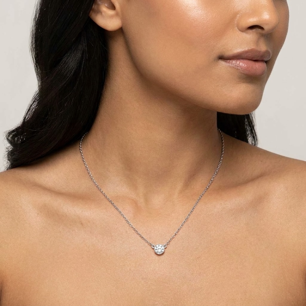 Fixed Rubover Set Diamond Necklace On Model