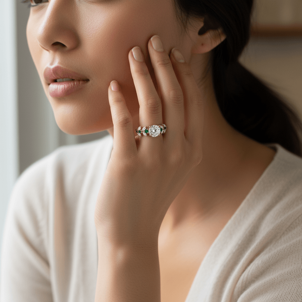 Floral Emerald and Marquise Diamond Engagement Ring - alternate view