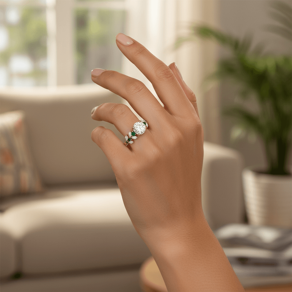 Floral_Emerald_and_Marquise_Lab_Grown_Diamond_Engagement_Ring_On_Hand