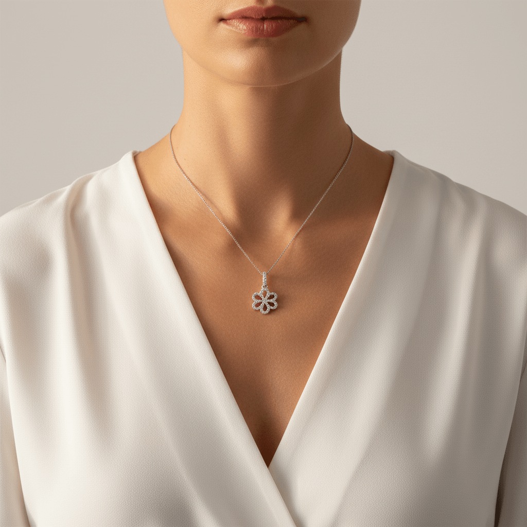 Flower_Shape_Open_Micro_Set_Diamond_Pendant_On_Model_2
