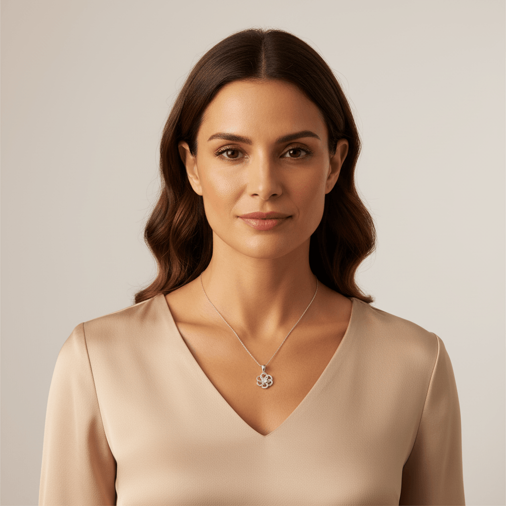 Flower_Shape_Open_Mixed_Diamond_Pendant_On_Model