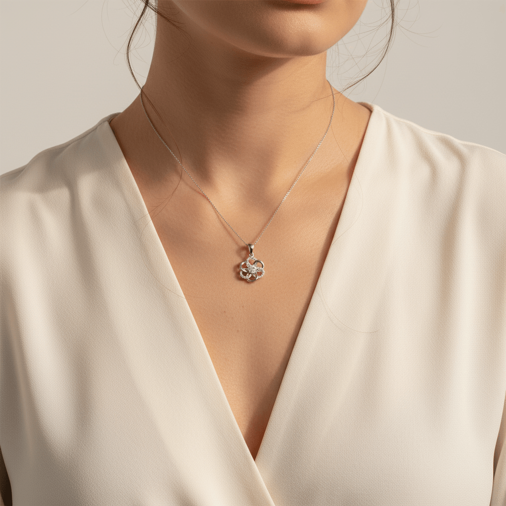 Flower_Shape_Open_Mixed_Diamond_Pendant_On_Model_2