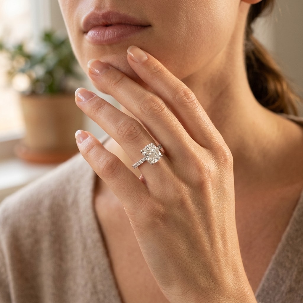 Four_Claw_Cushion_Shape_Diamond_Micro_Setting_Engagement_Ring_On_Model