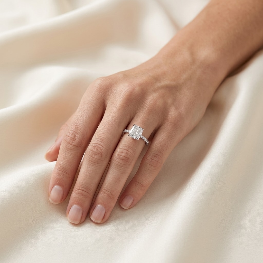 Four_Claw_Cushion_Shape_Diamond_Micro_Setting_Engagement_Ring_On_Hand