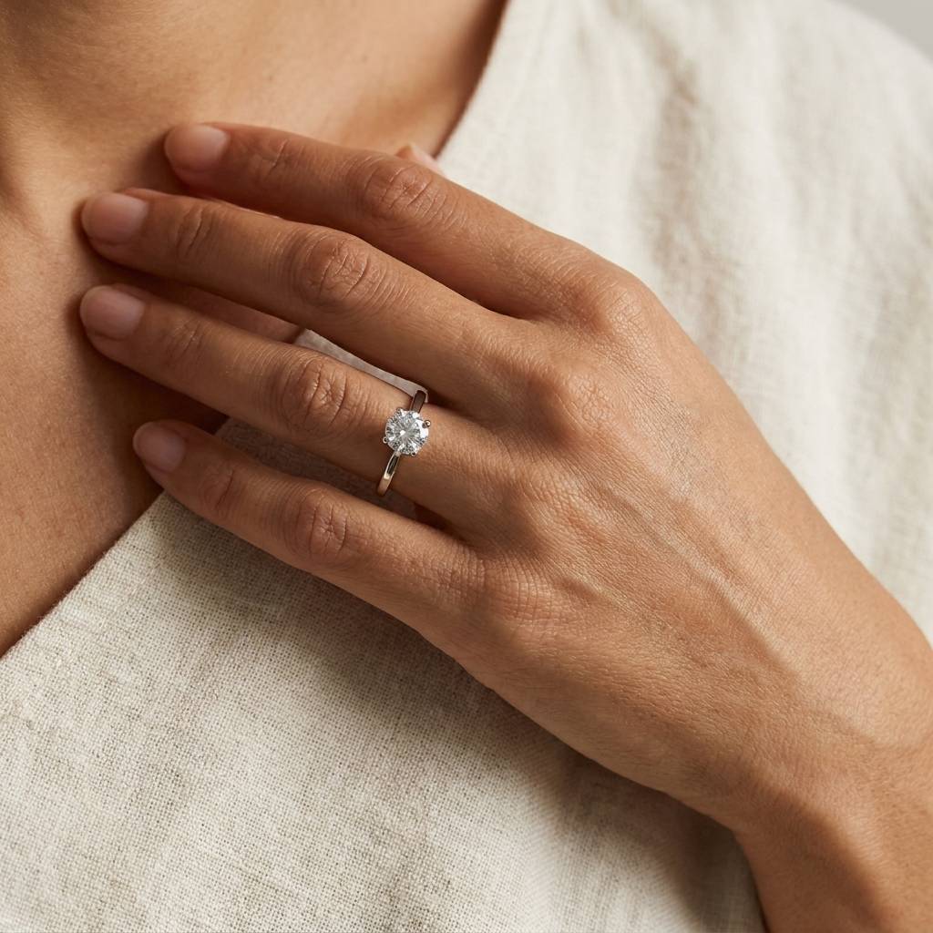 Four_Claw_Platinum_Solitaire_Round_Shape_Lab_Grown_Diamond_Engagement_Ring_On_Hand