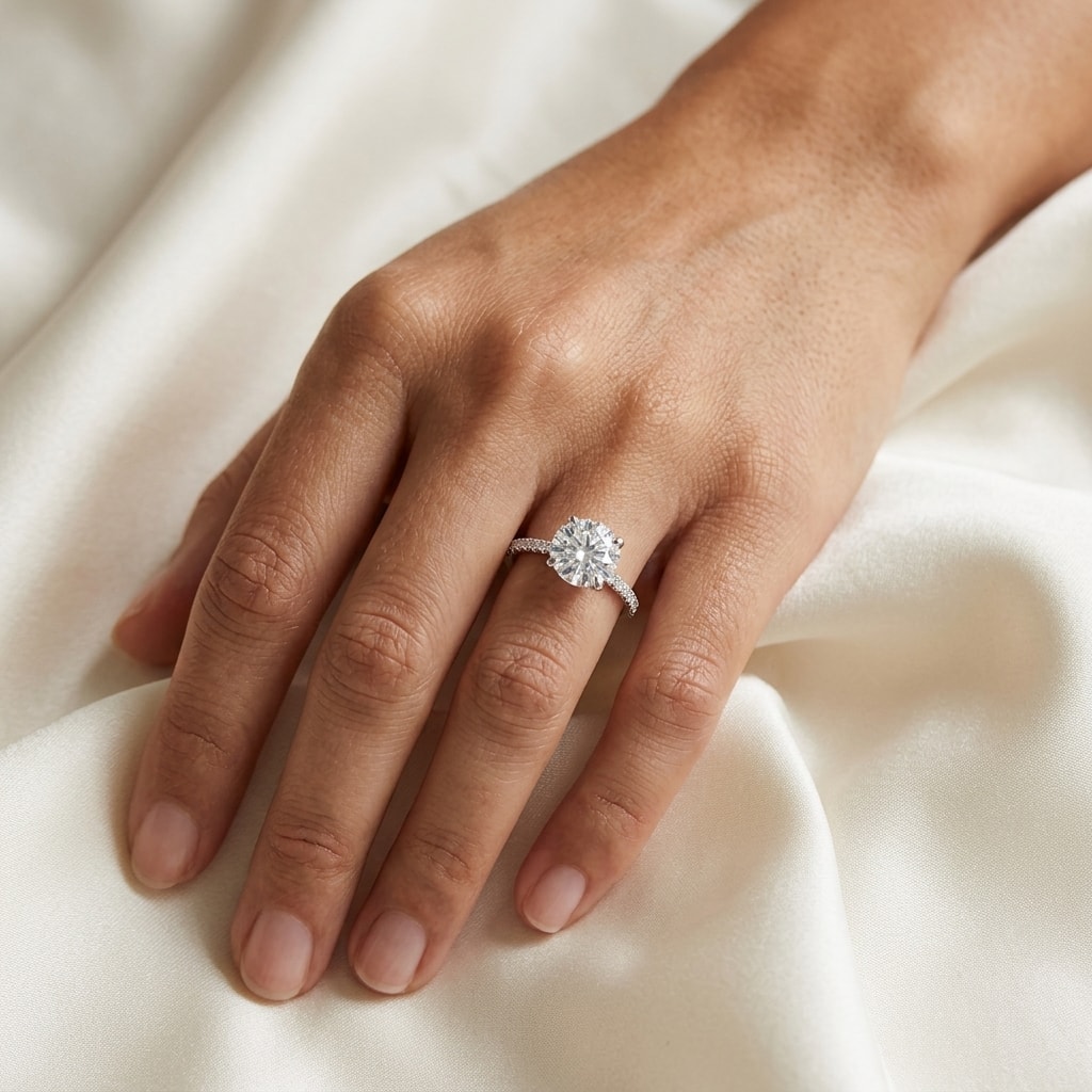 Four_Claw_Round_Shape_Claw_Setting_Lab_Grown_Diamond_Engagement_Ring_On_Hand