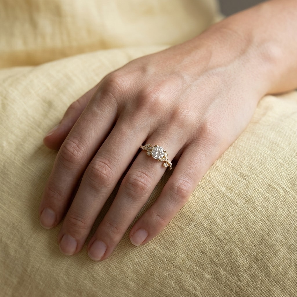 Four_Marquise_Band_Round_Shape_Lab_Grown_Diamond_Engagement_Ring_On_Hand