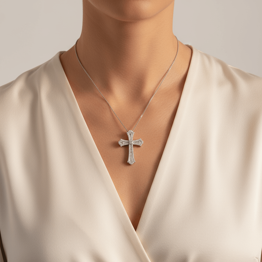 Gothic_Round_Baguette_Cut_Diamond_Pendant_On_Model_2