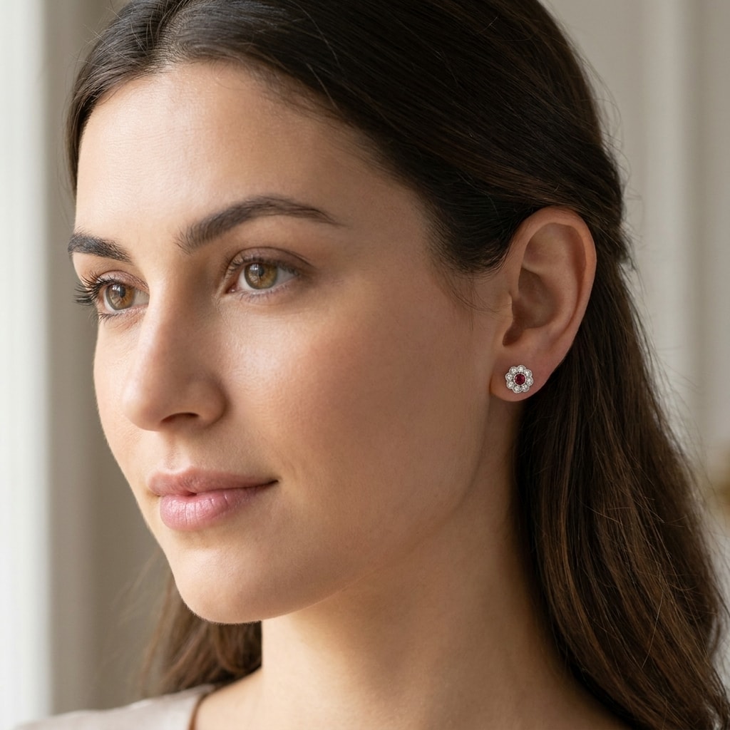 Grain_Set_Flower_Diamond_Earring_Studs_On_Model