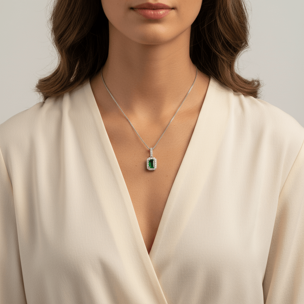 Green_Emerald_Diamond_Halo_Pendant_On_Model_2