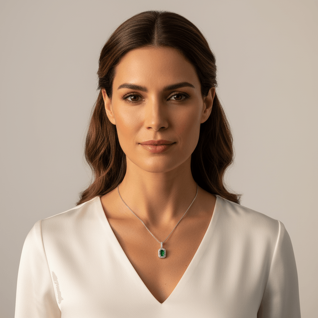 Green_Emerald_Diamond_Halo_Pendant_On_Model