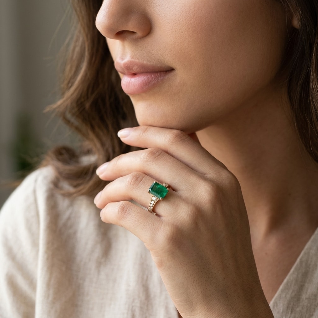 Green_Emerald_Reverse_Tapered_Diamond_Engagement_Ring_On_Model