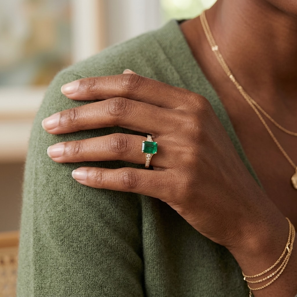 Green_Emerald_Reverse_Tapered_Diamond_Engagement_Ring_On_Hand
