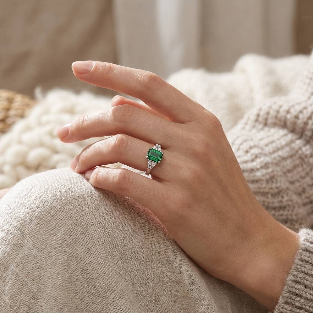 Green_Emerald_Trapezoid_Side_Diamonds_Engagement_Ring_On_Hand
