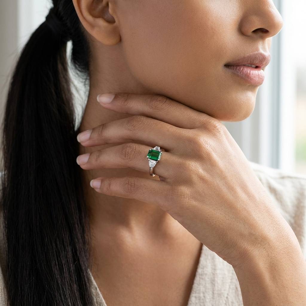 Green_Emerald_Trapezoid_Side_Diamonds_Engagement_Ring_On_Model