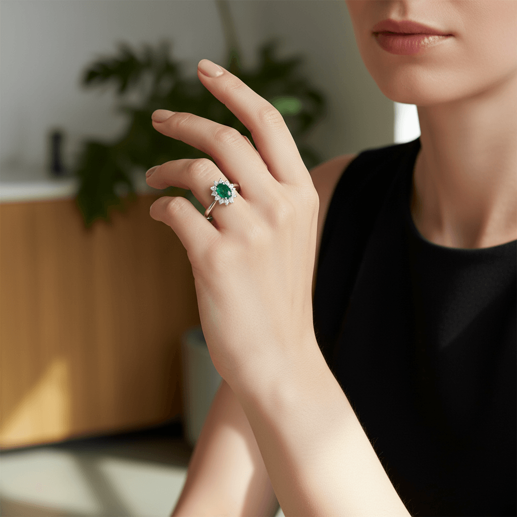Green_Oval_Shape_Emerald_Diamond_Cluster_Engagement_Ring_On_Hand