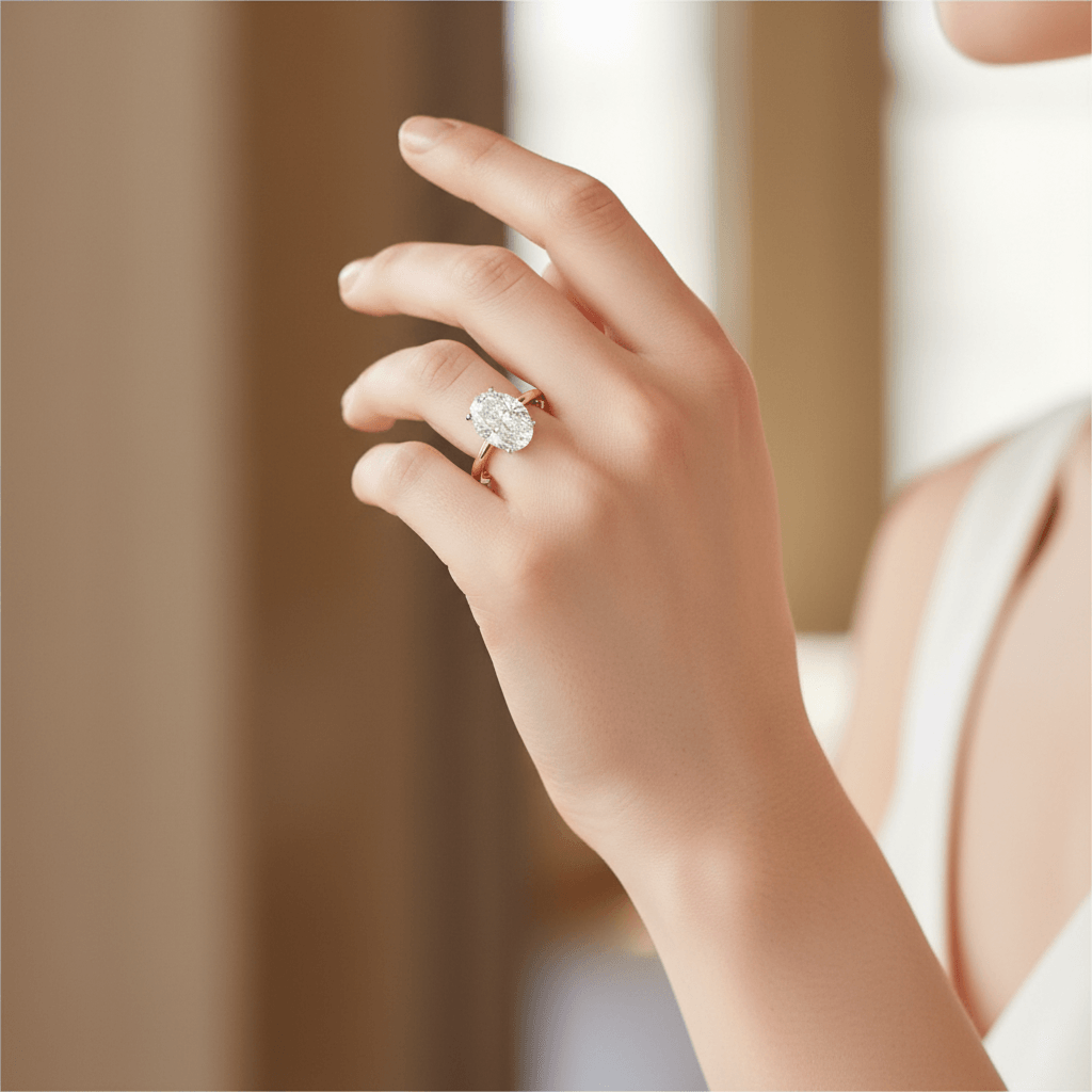 Hailey Bieber Oval Hidden Halo Solitaire Diamond Engagement Ring view 6