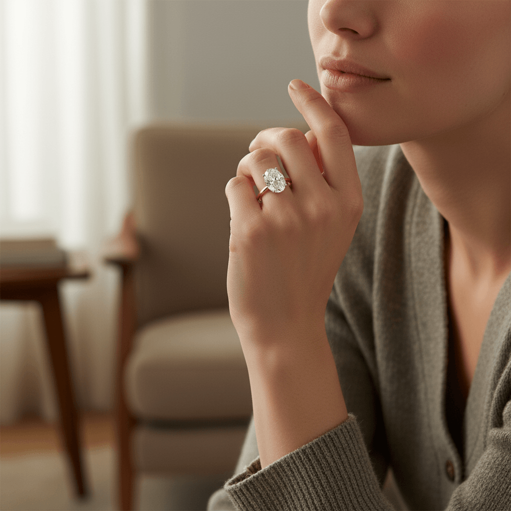 Hailey Bieber Oval Hidden Halo Solitaire Diamond Engagement Ring view 7