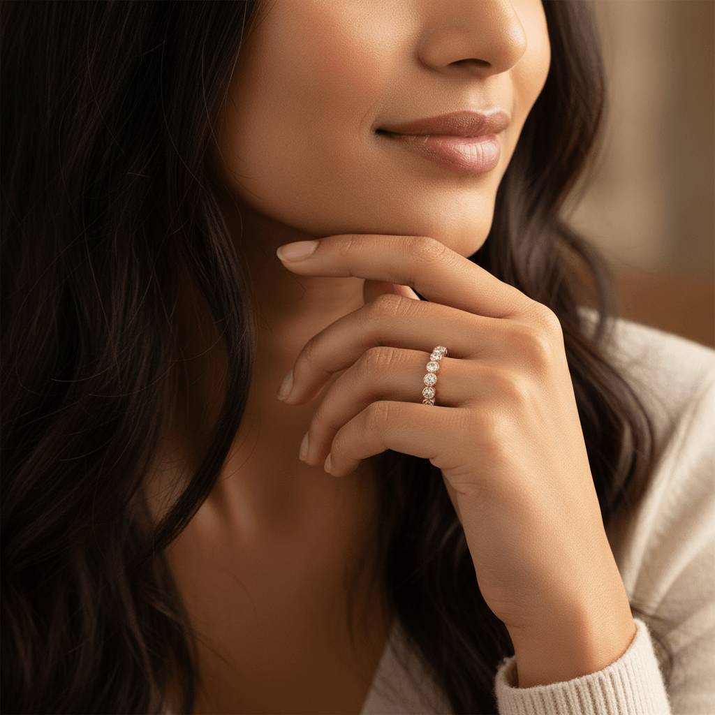 Half_Diamond_Wedding_Band_Bezel_Rubover_Setting_On_Model