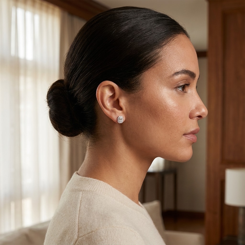 Halo_Baguette_And_Round_Cut_Diamond_Earrings_Studs_On_Model_2