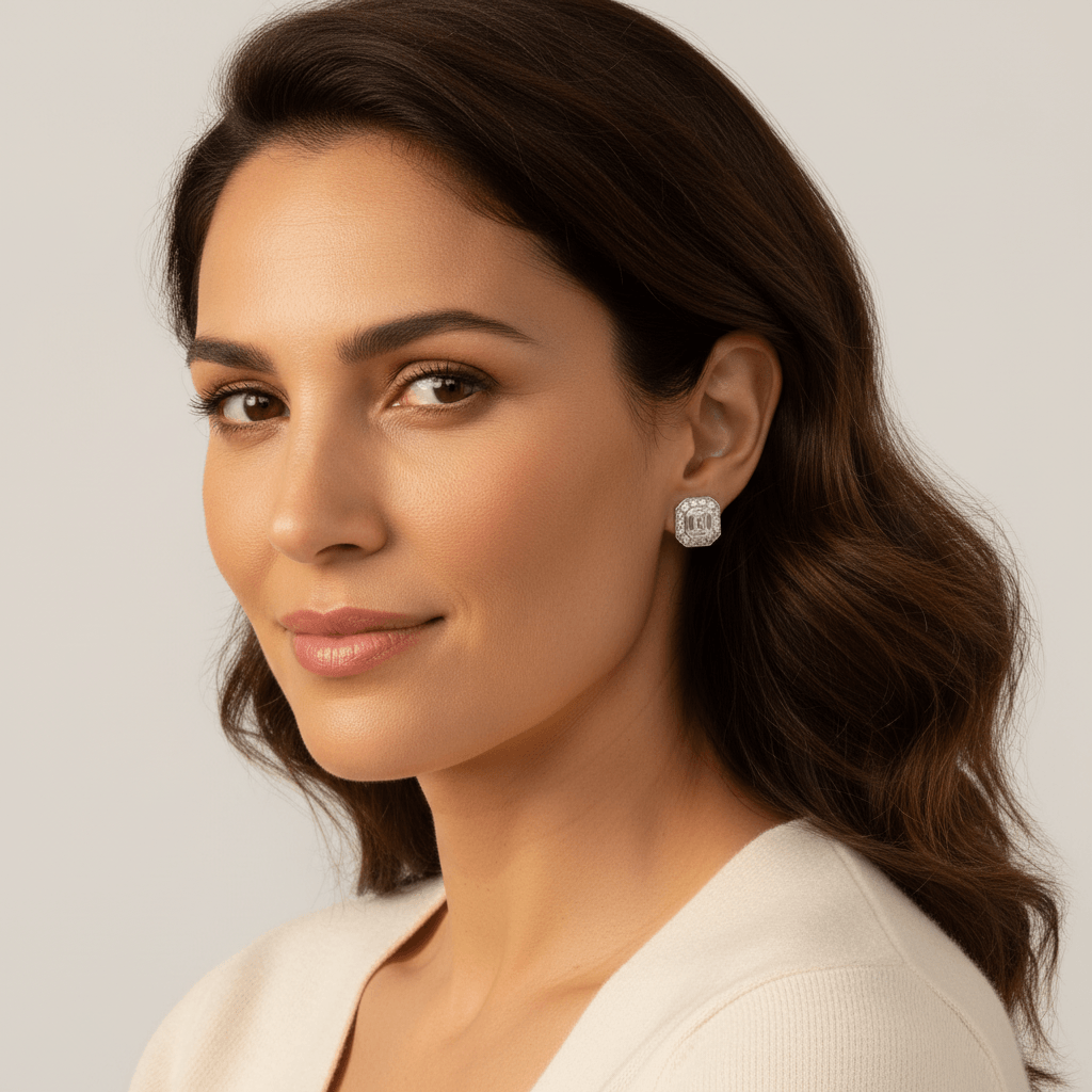 Halo Baguette And Round Cut Diamond Earrings Studs - alternate view