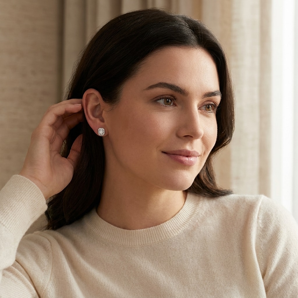 Halo_Baguette_And_Round_Cut_Diamond_Earrings_Studs_On_Model
