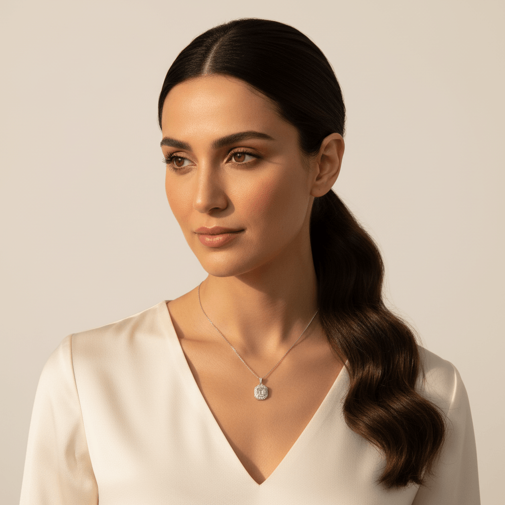 Halo_Baguette_Round_Cuts_Diamond_Pendant_On_Model