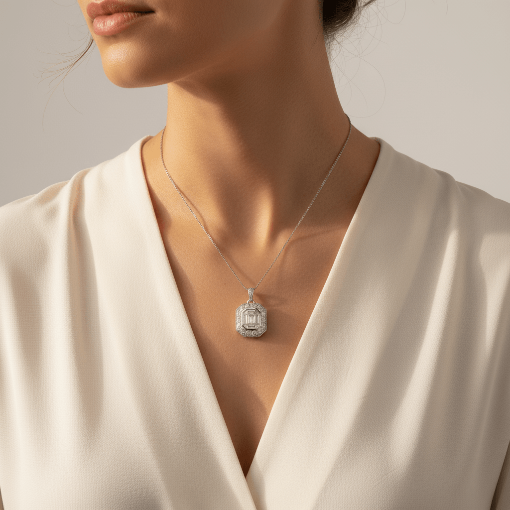 Halo_Baguette_Round_Cuts_Diamond_Pendant_On_Model_2