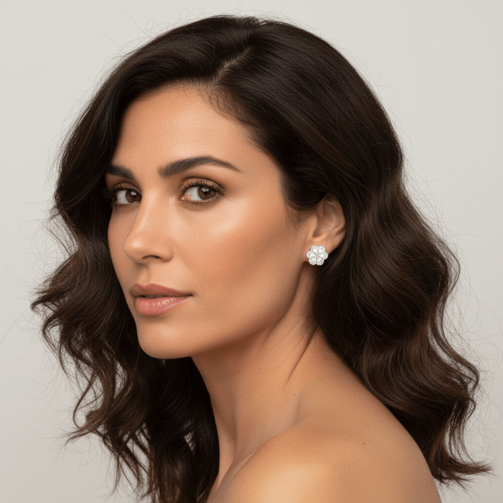 Halo Flower Shape Diamond Earrings Studs - alternate view