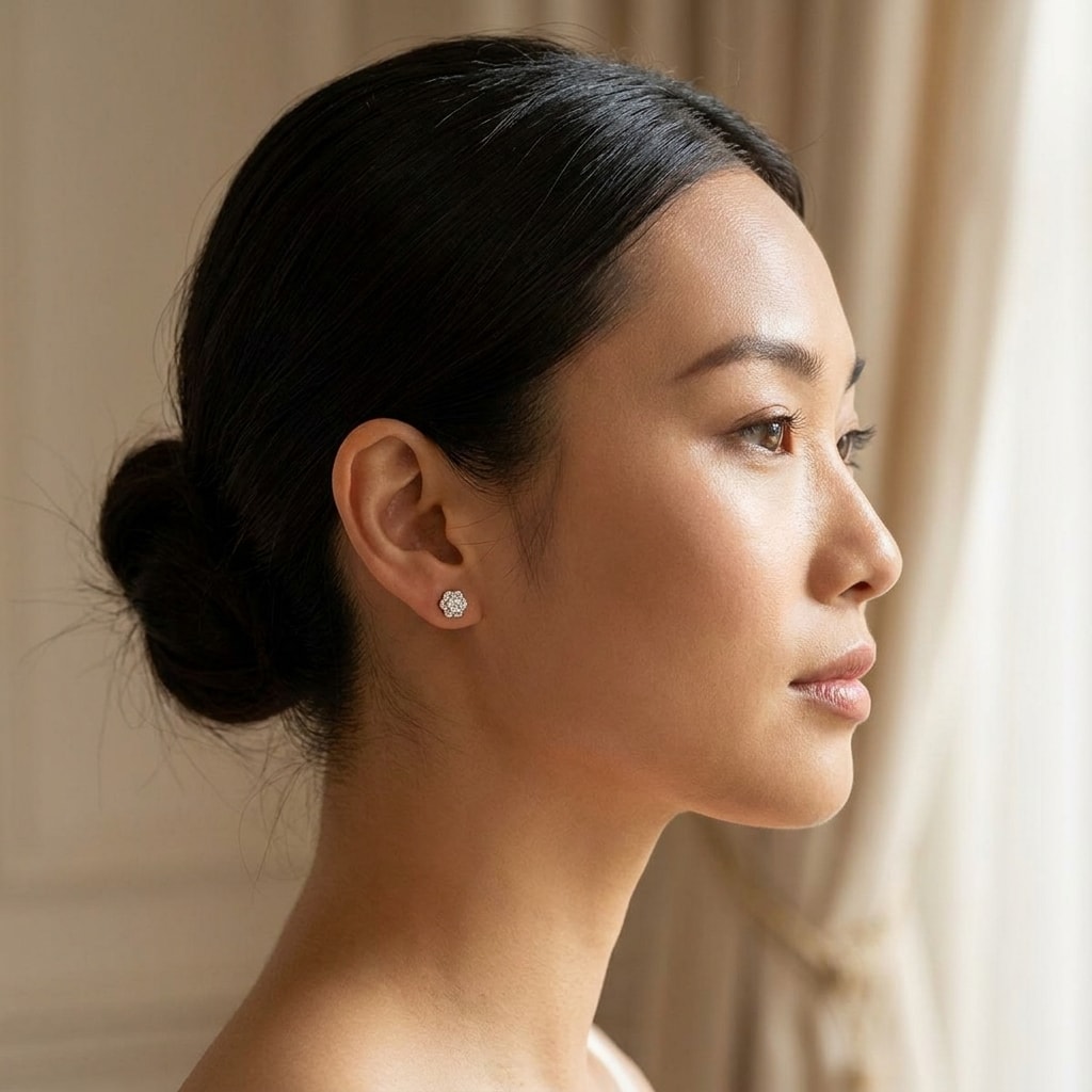 Halo_Flower_Shape_Diamond_Earrings_Studs_On_Model_2